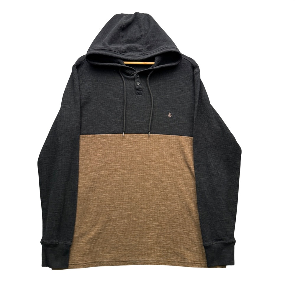 Volcom True To This Hoodie Mens XL Black Brown Long Sleeve Colorblock Thermal